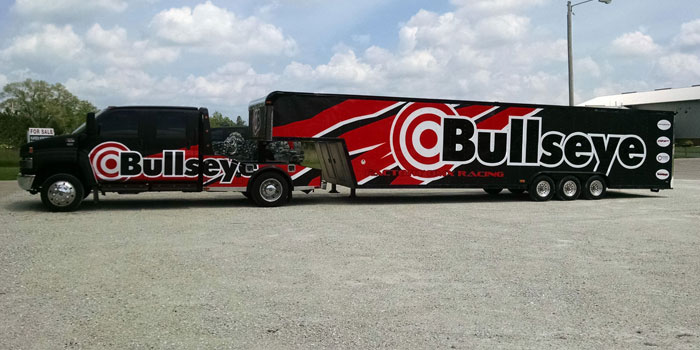 Full truck and trailer wrap for Bullseye Cycles.  The black is carbon fiber vinyl.