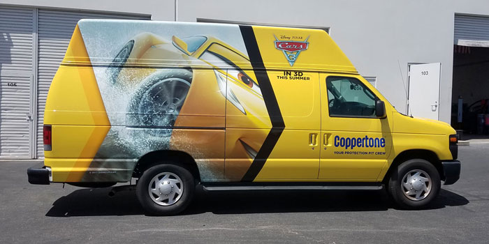 Full high top Chevy van wrap for Disney's Cars 3 and Coppertone